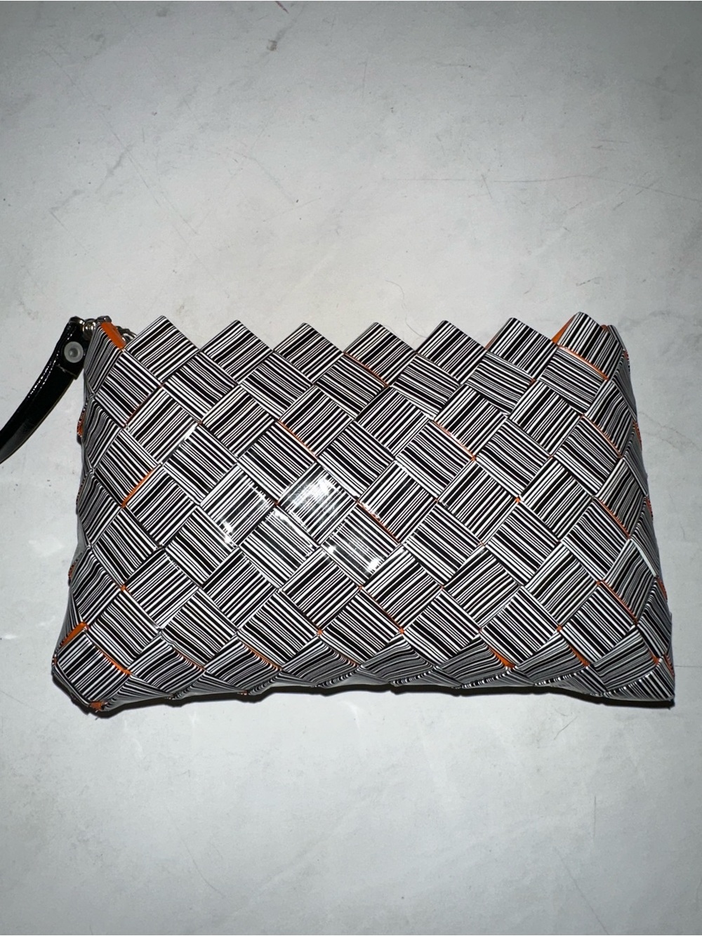 Recycled wrappers barcode wristlet with Woven Pattern+ Orange Accents